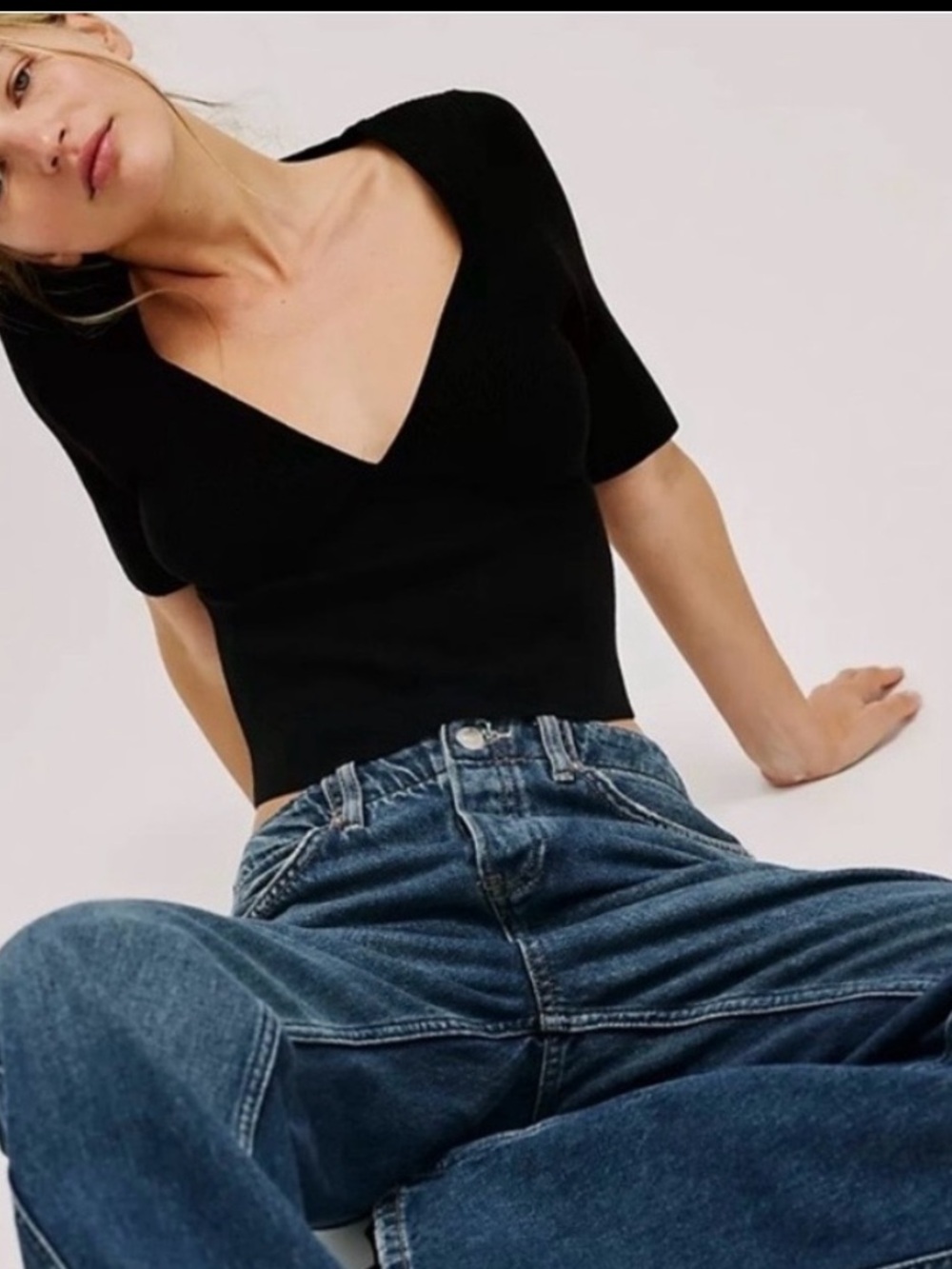 Free People Black Teagan Swit Short Sleeve Top
